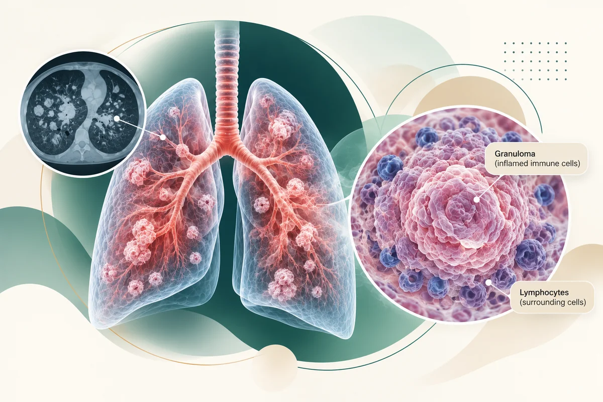 Illustration of lungs with sarcoidosis granulomas and inflammatory cells