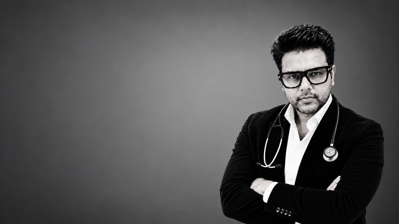 Dr. Koushik Muthu Raja Mathivanan, pulmonologist, in a black blazer with a stethoscope