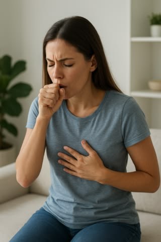 A person experiencing a cough, illustrating symptoms that may need medical assessment.